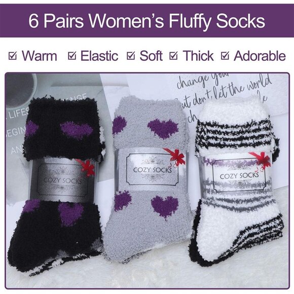 Plush Slipper Socks Women Colorful Warm Fuzzy Crew Socks Cozy Soft Purple Black - Picture 7 of 7